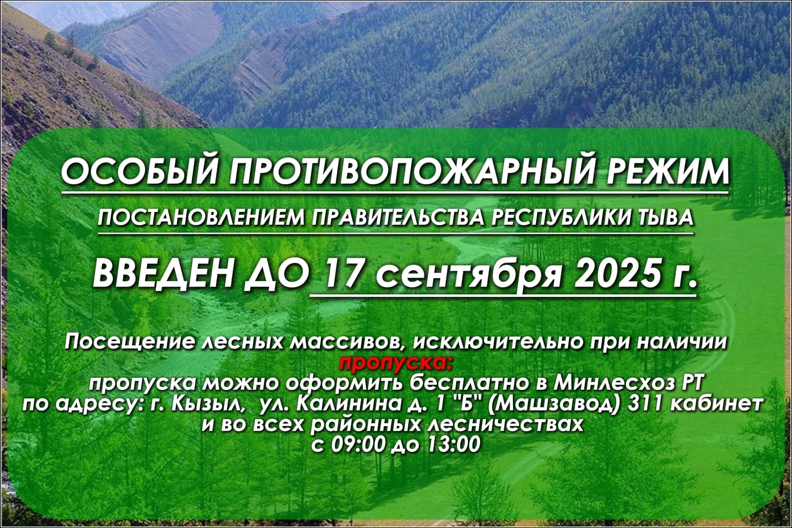 Особый противопожарный режим с ограниченным пребыванием граждан в лесах и въездом в них транспортных средств в целях обеспечения пожарной безопасности в лесах на территории Республики Тыва введен с 28 августа по 17 сентября 2025 г